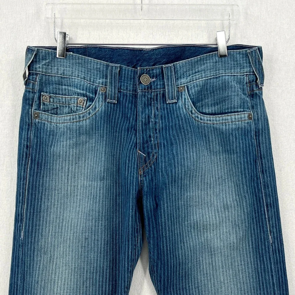 TRUE RELIGION Geno Jeans Mens 34 Blue Pinstripe Slim Straight Denim USA